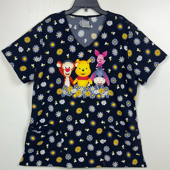 EUC Disney Tooniforms V-Neck Winnie The Pooh Sunshine Scrub Top Women’s Size L - Picture 2 of 8